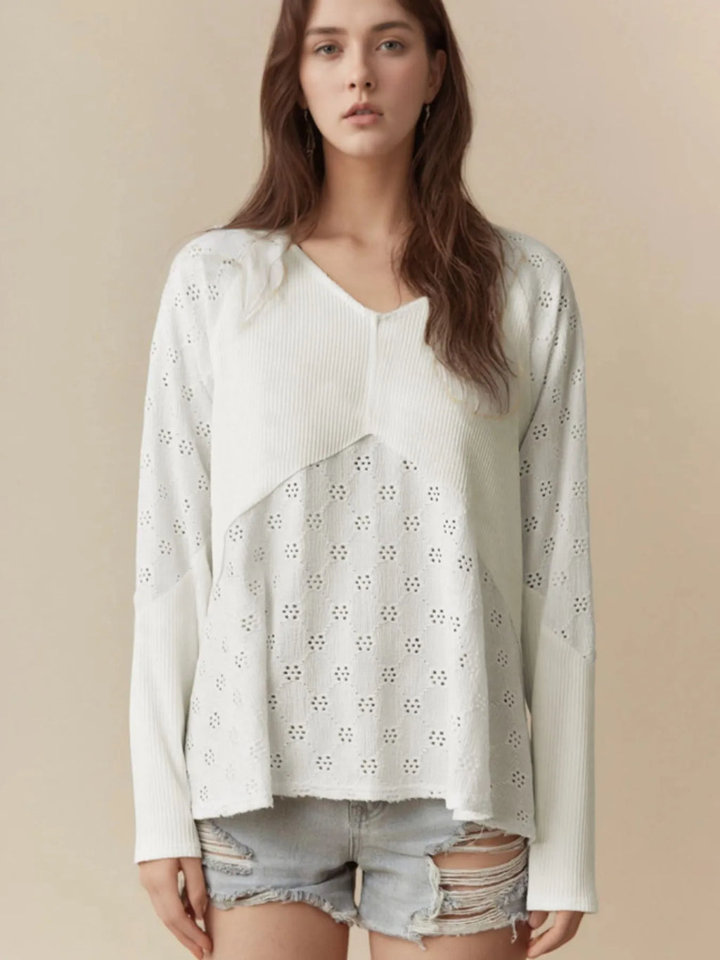 Eyelet Embroidered Loose V Neck Long Sleeve Top