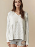 Eyelet Embroidered Loose V Neck Long Sleeve Top