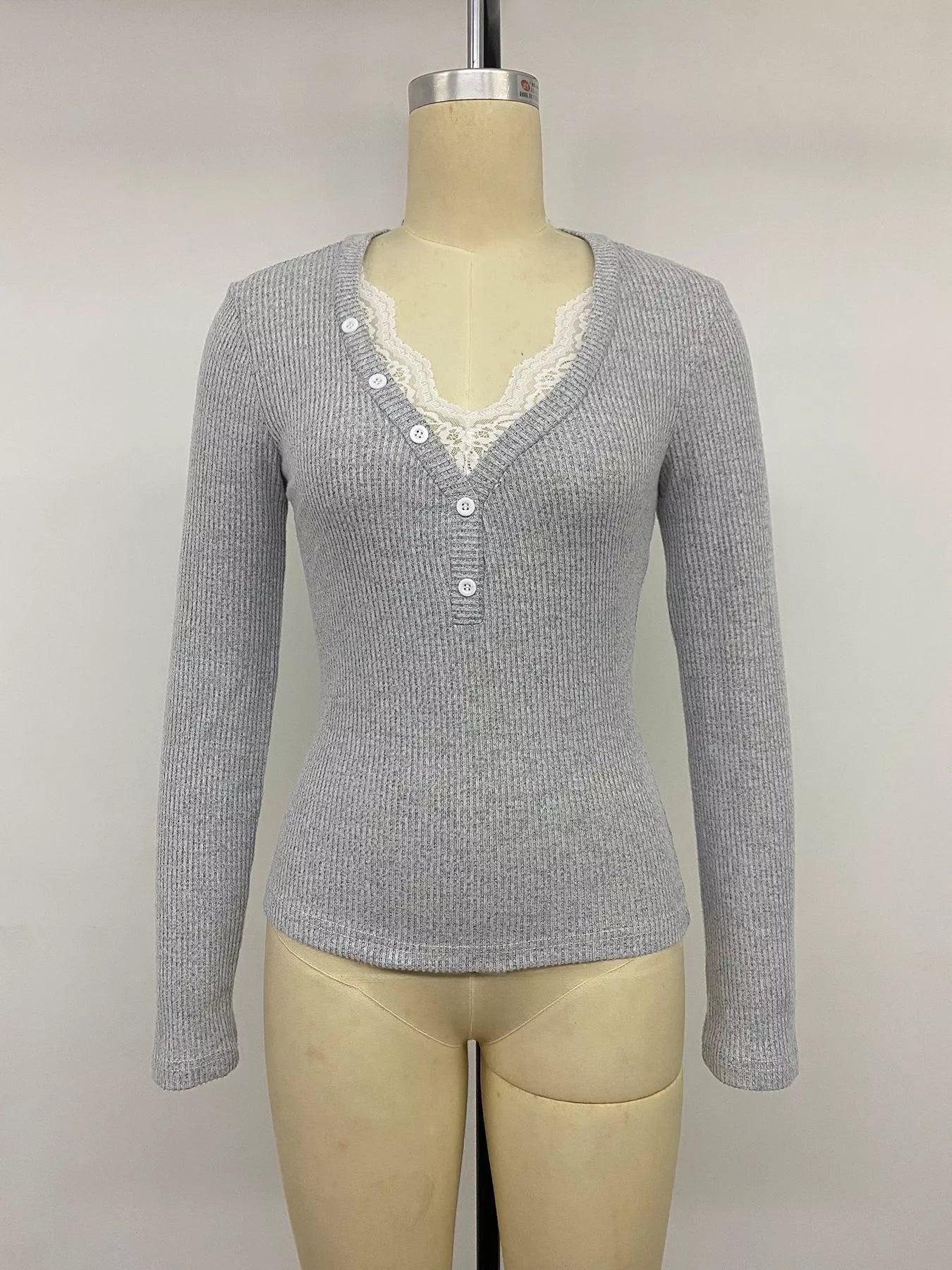 Ribbed Lace Trim Henley T-Shirt