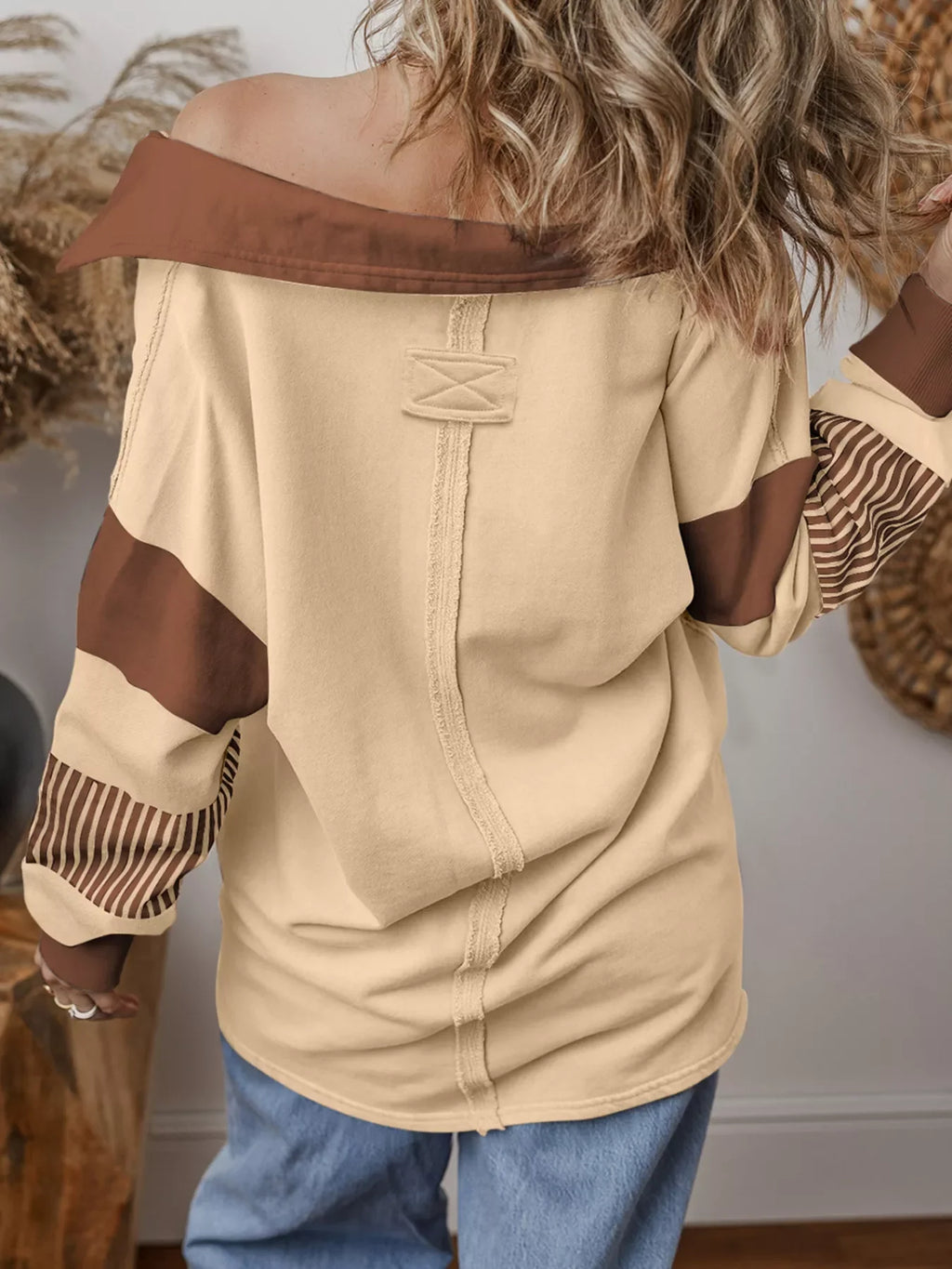 Color Block Striped Patchwork Sequin Rugby Graphic Polo Sweatshirt