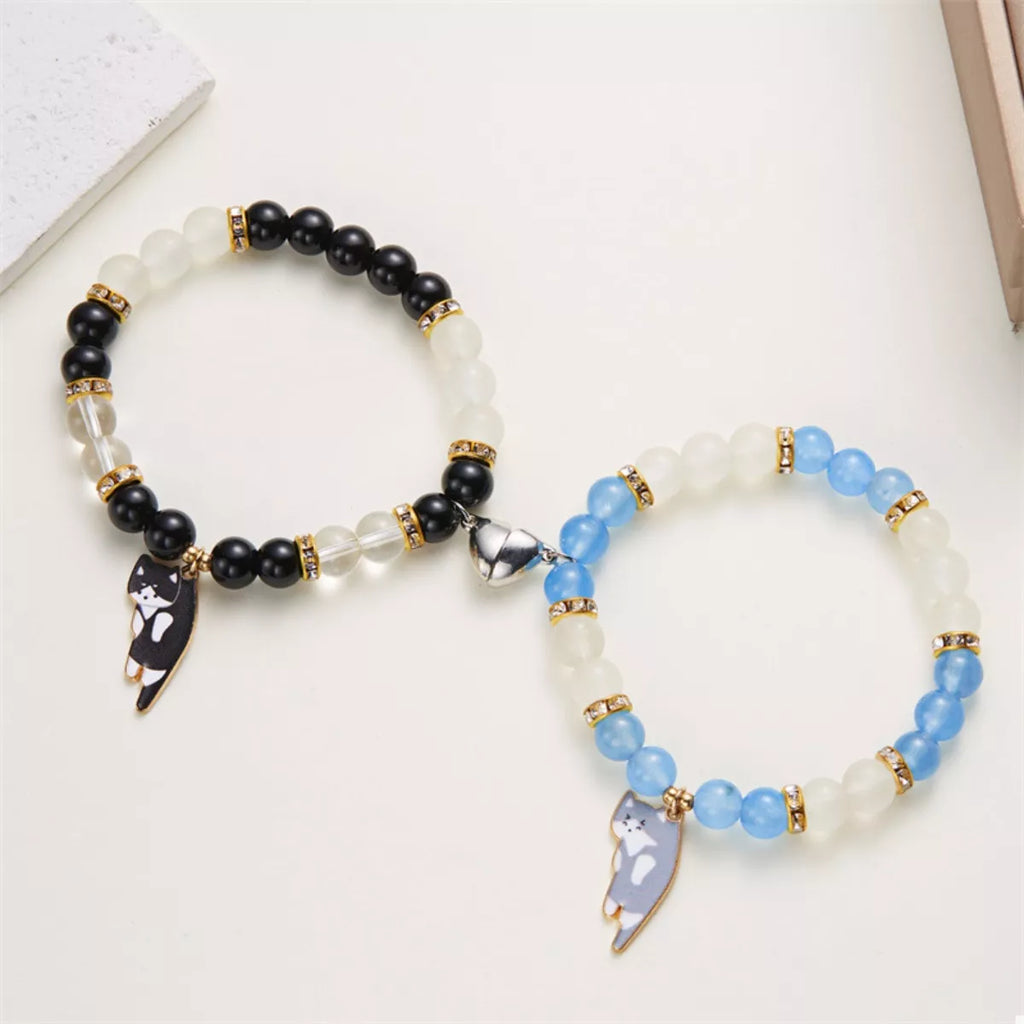 2 Piece Beaded Cat Charm Bracelet