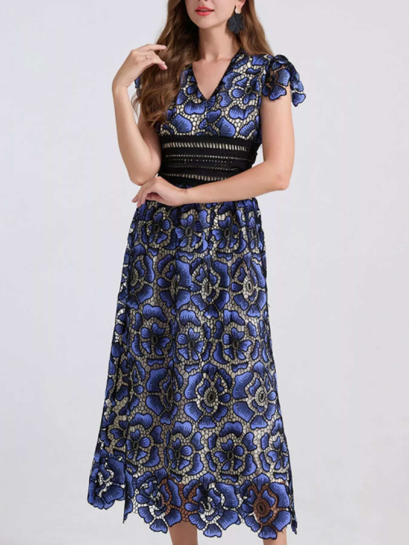 Printed V-Neck Ruffle Sleeve Midi Dress