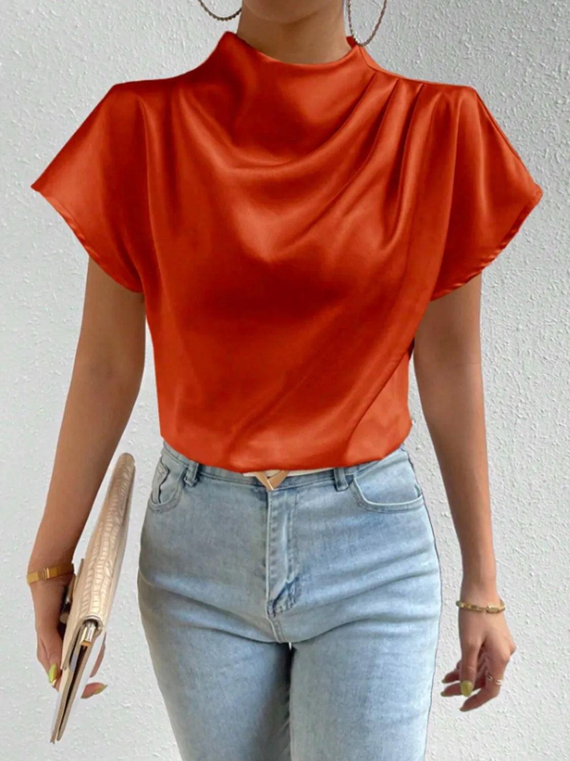Mock Neck Short Sleeve Blouse