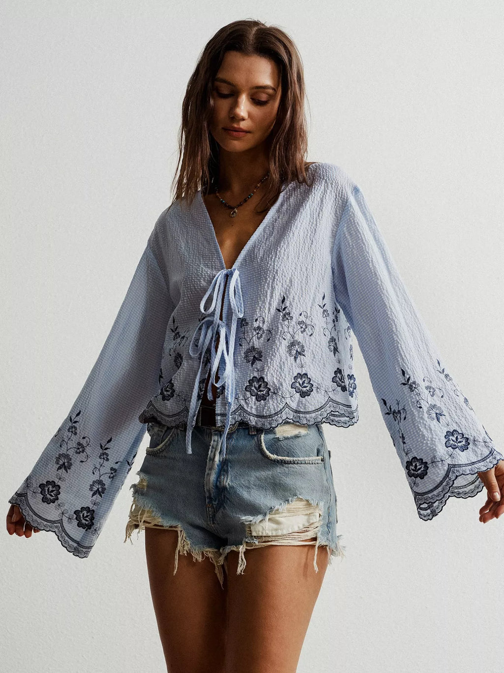 Floral Embroidered Tie-Front Blouse