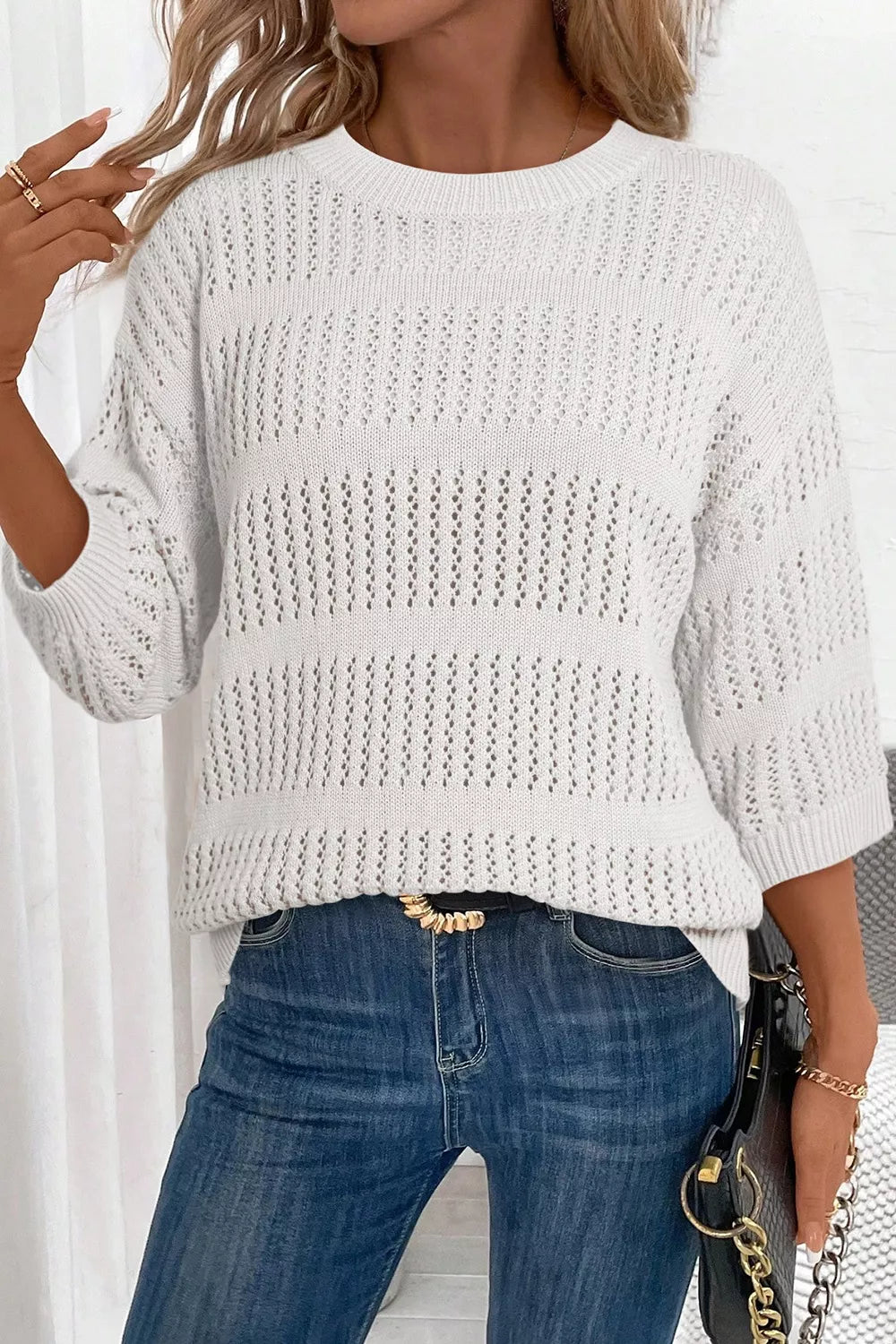 3/4 Sleeve Open Knit Mesh Detail Pullover Sweater