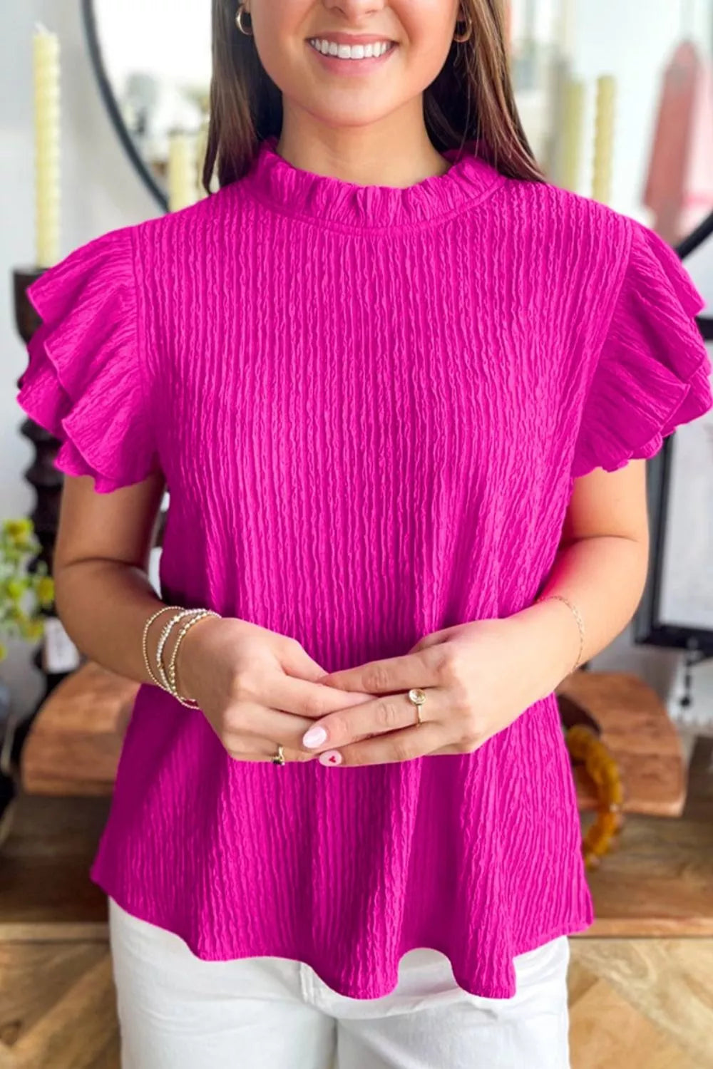 Solid Color Textured Ruffle Trim Short Sleeve Blouse