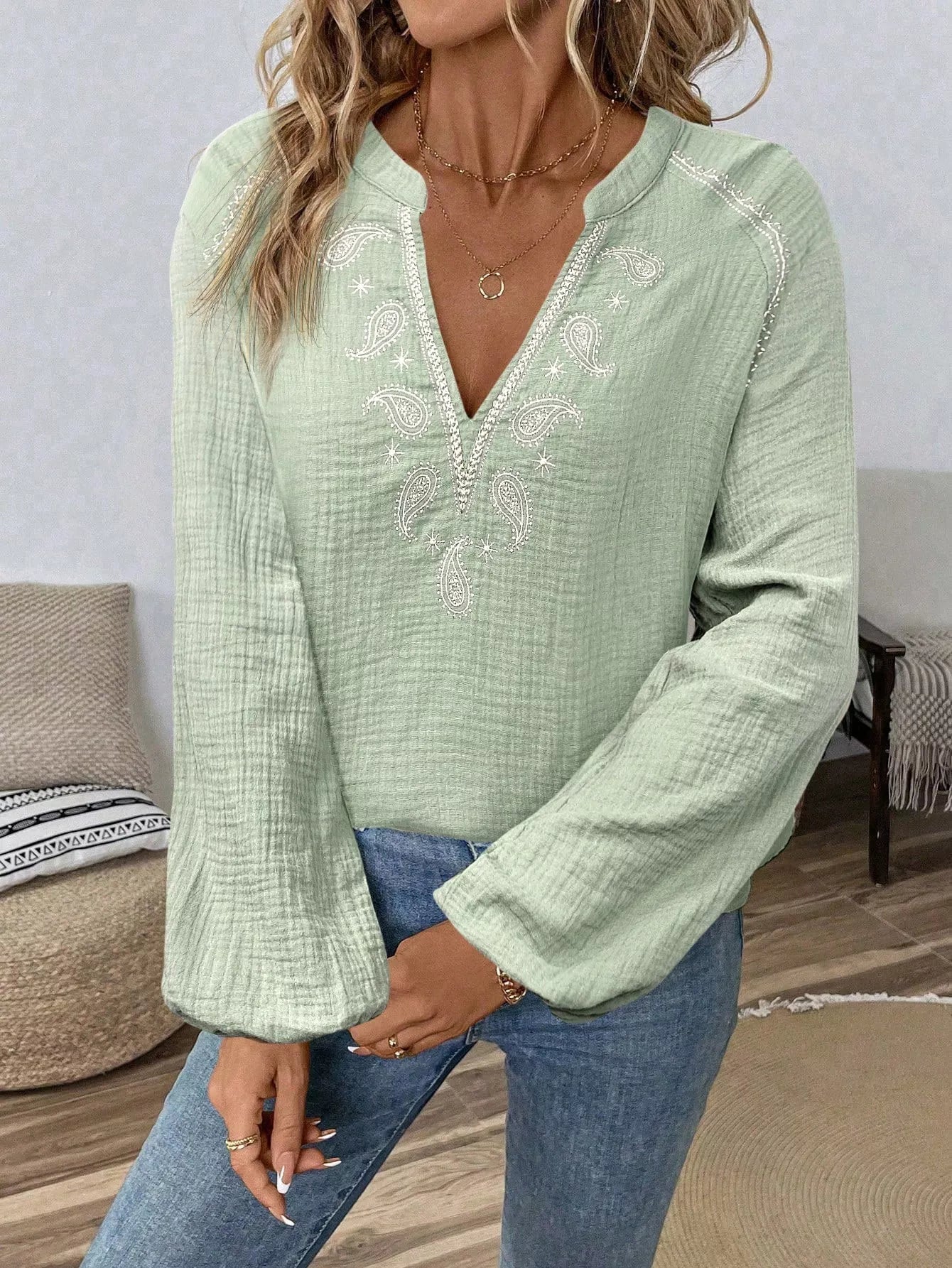 Paisley Notched Balloon Sleeve Blouse