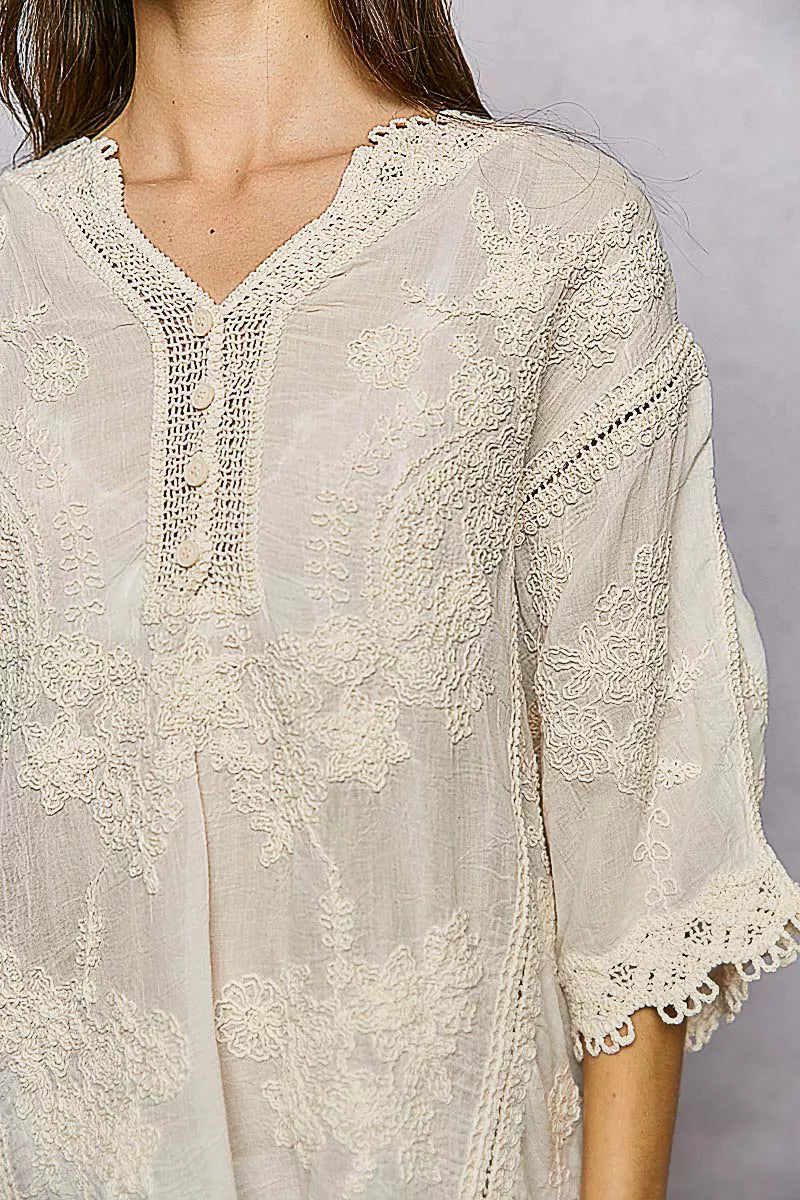 POL Floral Embroidered Top with Trim Edge