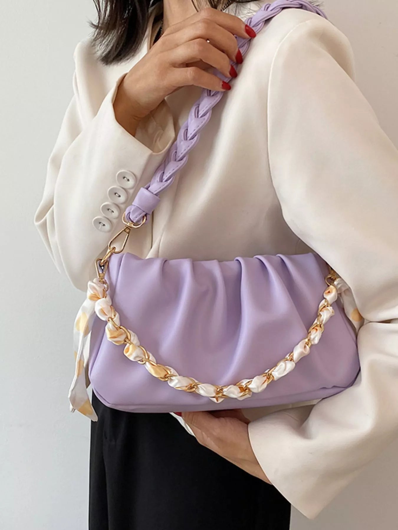 Ruched Braided Handle Shoulder Bag