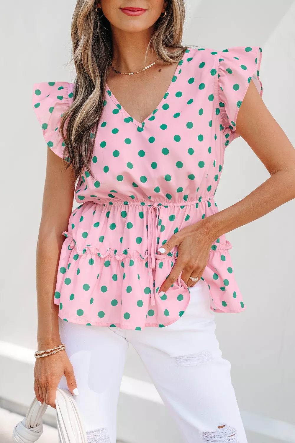 Polka Dot Ruffle Hem Blouse