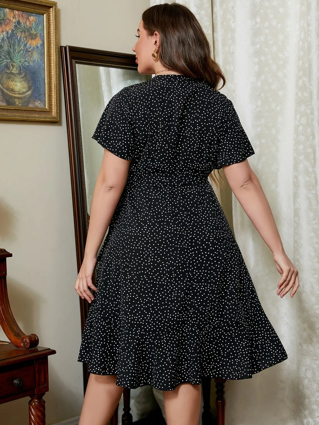 Plus Size Polka Dot Flutter Sleeve Mini Dress