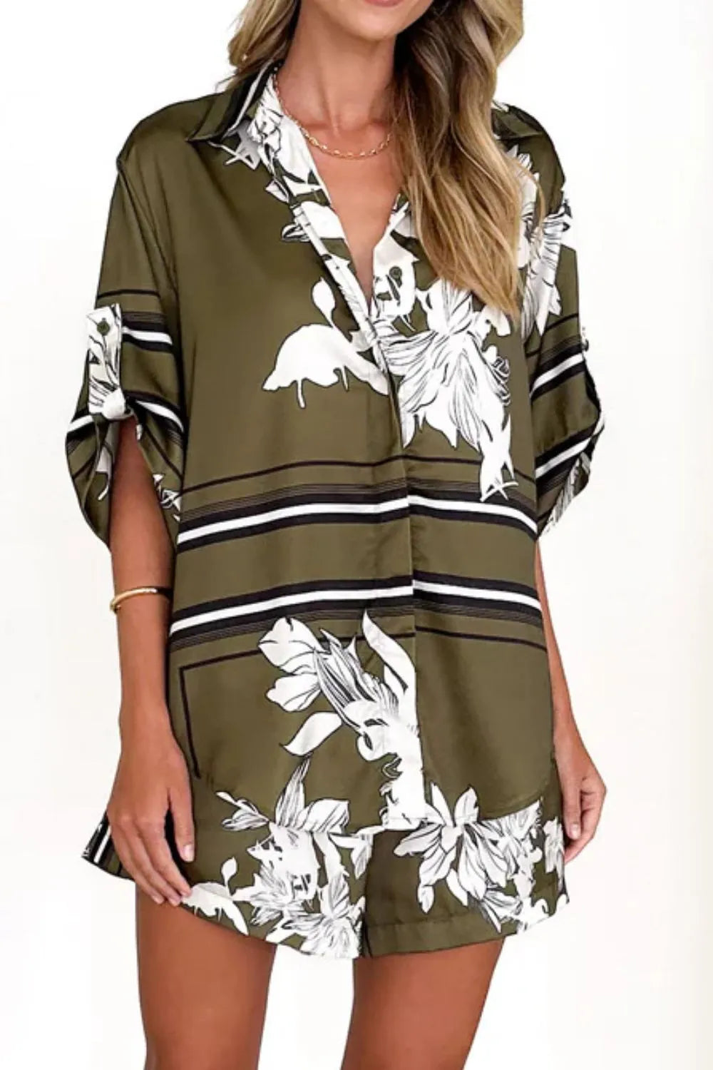 Printed Collared Neck Top and Shorts Set