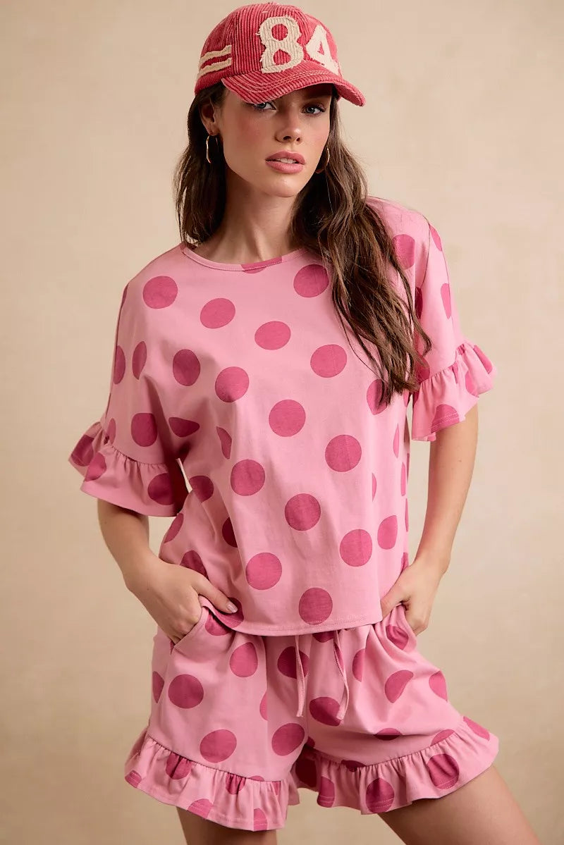 BiBi Polka Dots Printed Ruffled Detail Top And Shorts Set