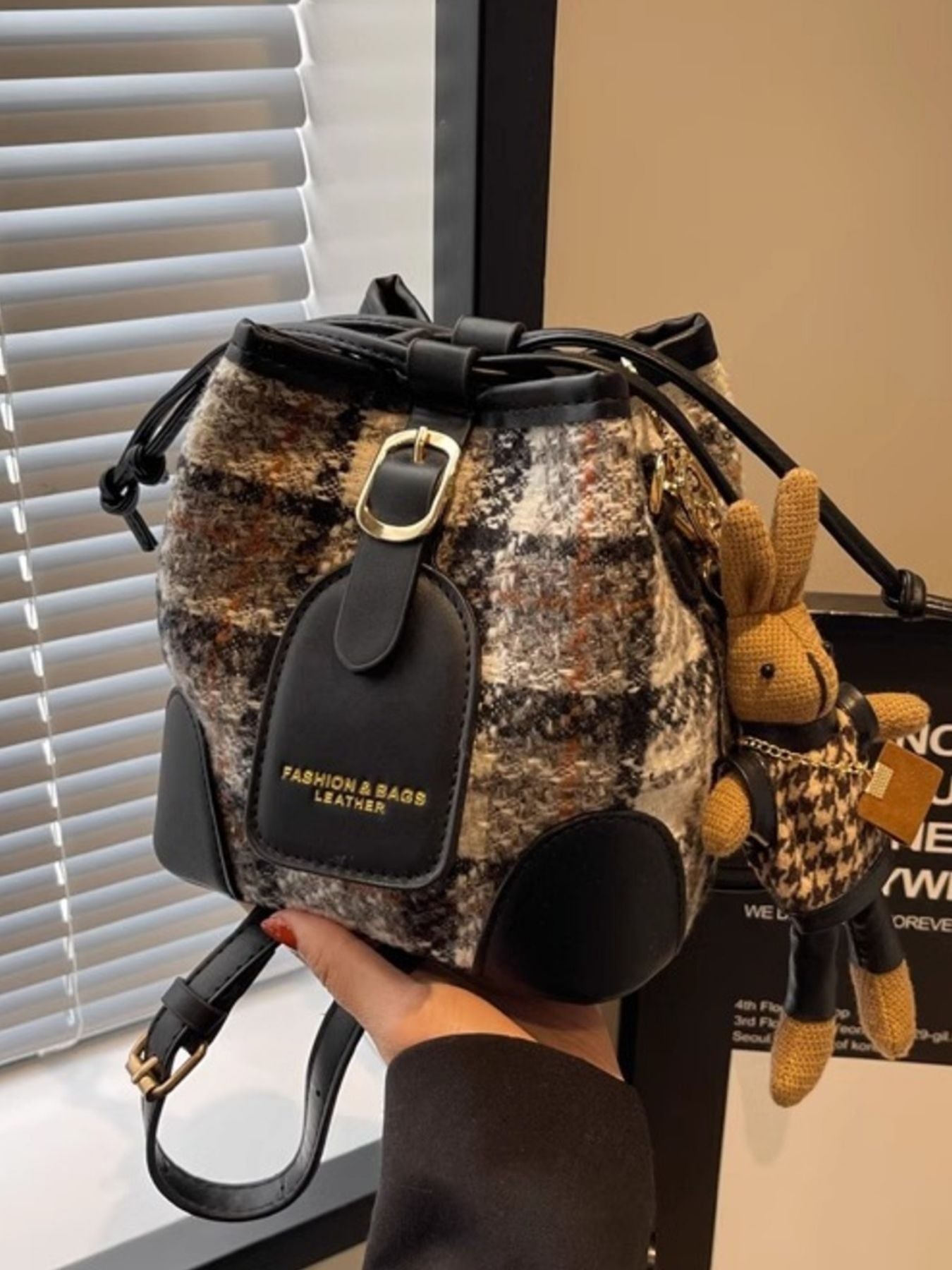 Plaid Bucket Crossbody Bag