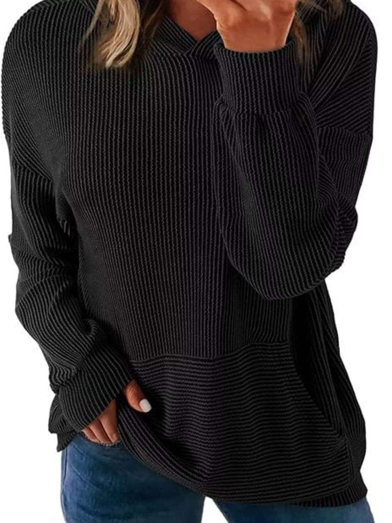 Ribbed Oversized Hoodie Sweatshirt with Pocket