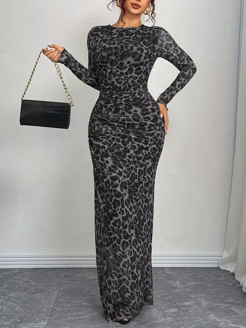 Leopard Ruched Bodycon Maxi Dress