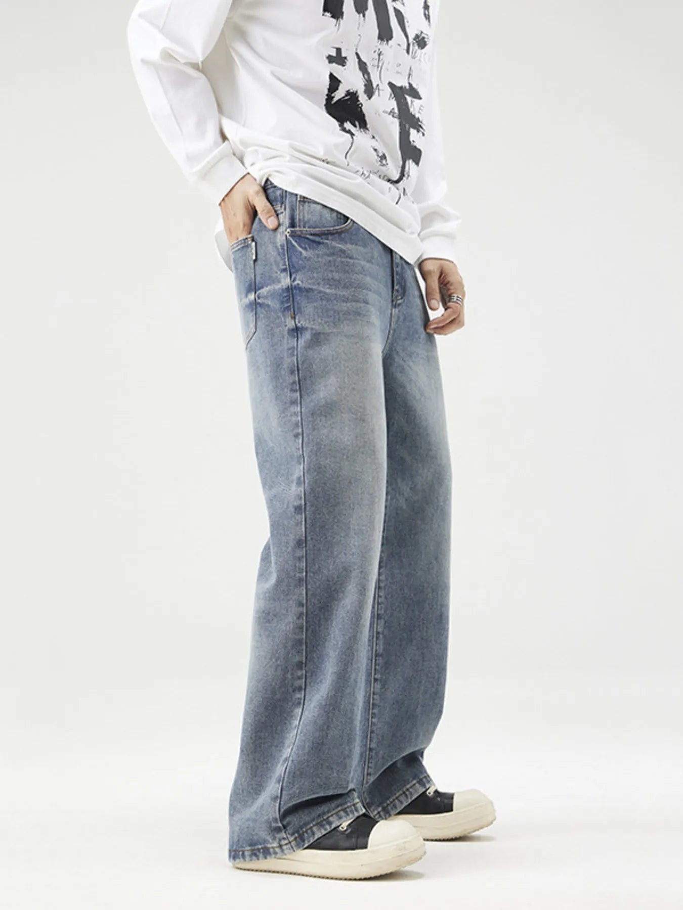 Men's Plus Size Wash Wide Leg Relaxed Fit Jeans