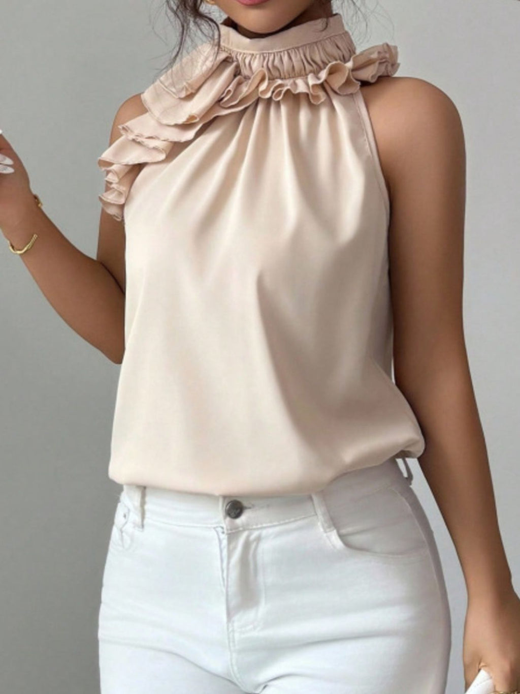 Ruffle High Neck Sleeveless Top