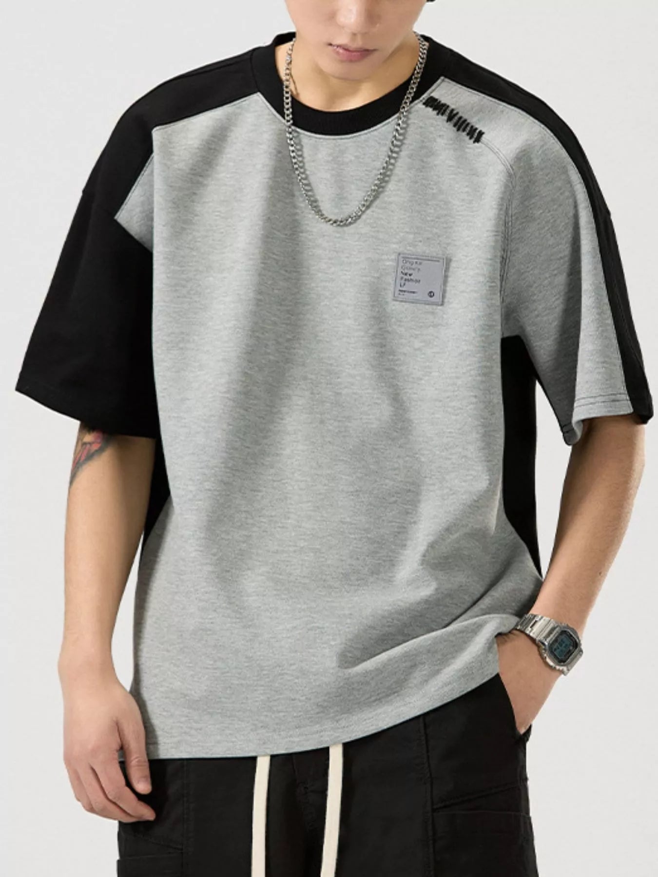 Men's Full Size Contrast Round Neck Short Sleeve T-Shirt Plus Size