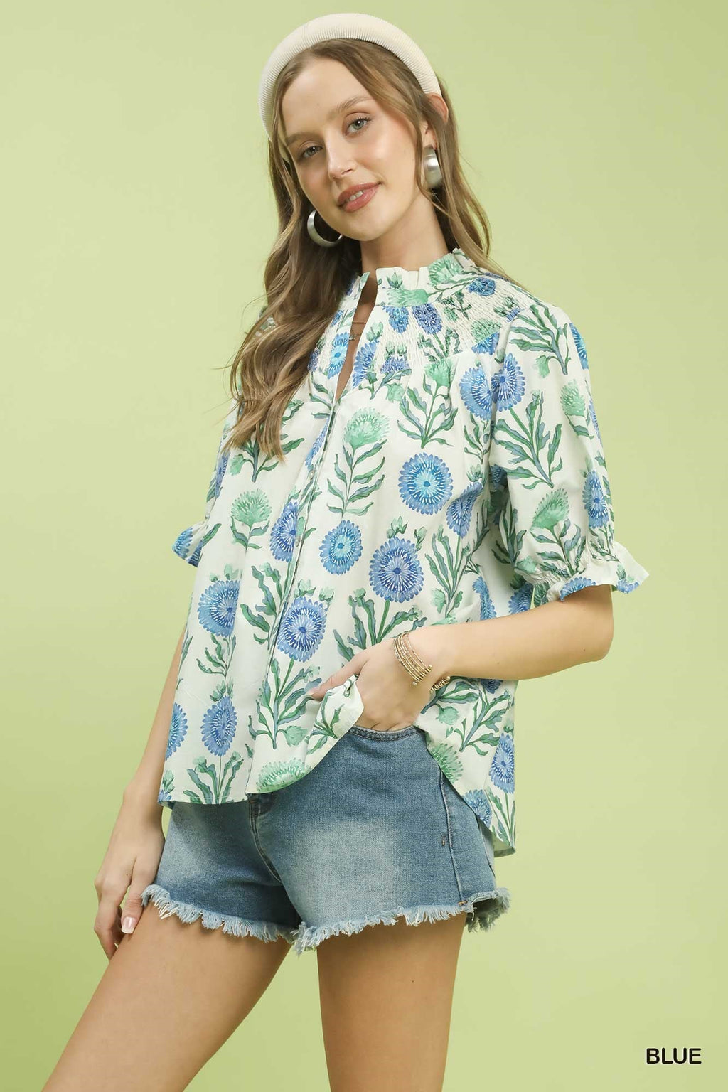 Umgee Floral Button-Front Short Sleeve Top