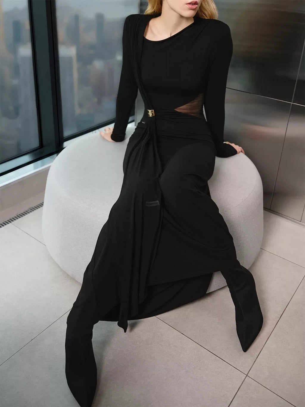 Long Sleeve Maxi Dress with Sheer Panel