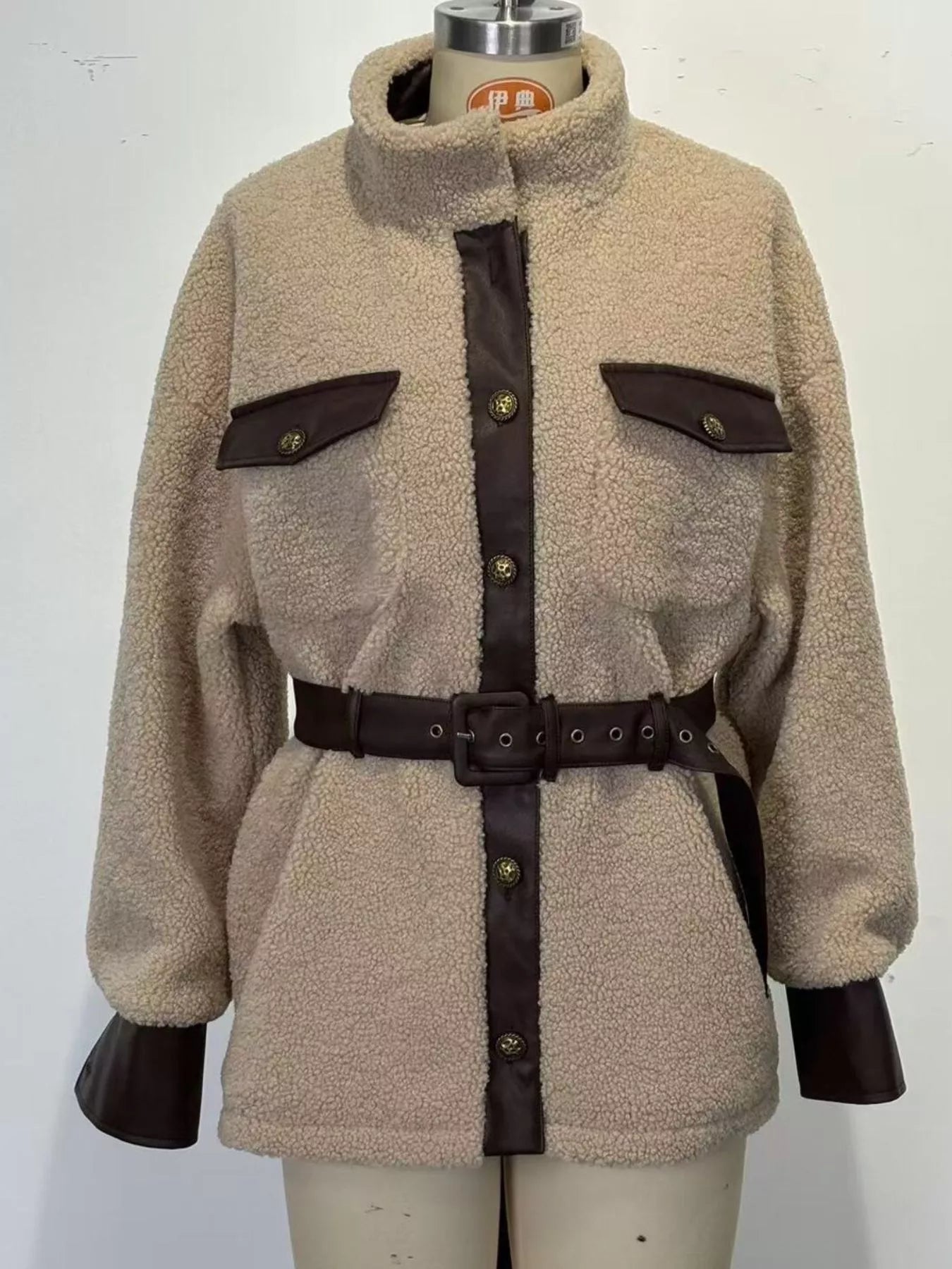Leather Trim Sherpa Outerwear with Pockets