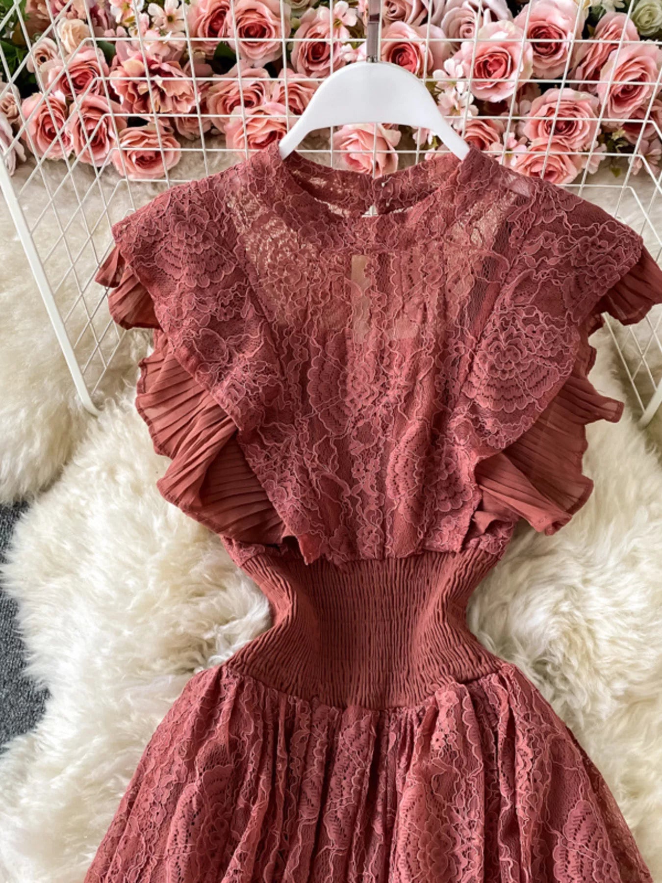 Ruffled Mock Neck Lace Maxi Dress