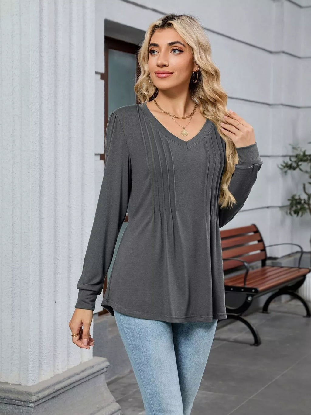 V-Neck Long Sleeve Relaxed Fit T-Shirt
