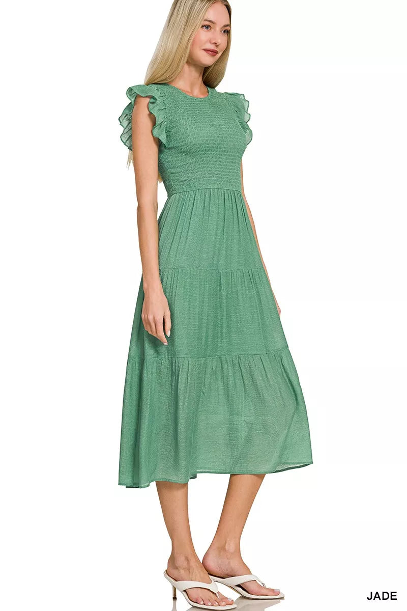 Zenana Woven Smocked Ruffle Sleeve Midi Dress
