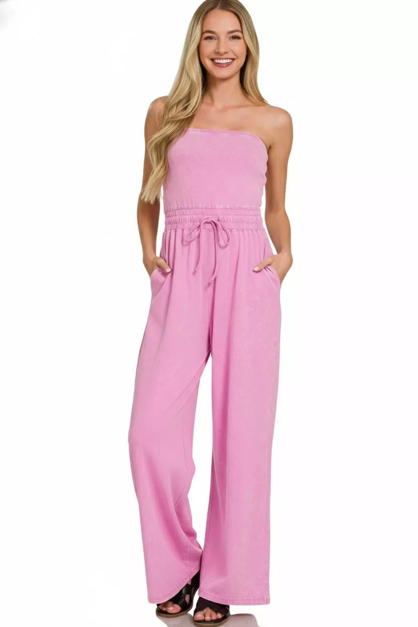 Zenana Acid Washed Strapless Tube Top Jumpsuit
