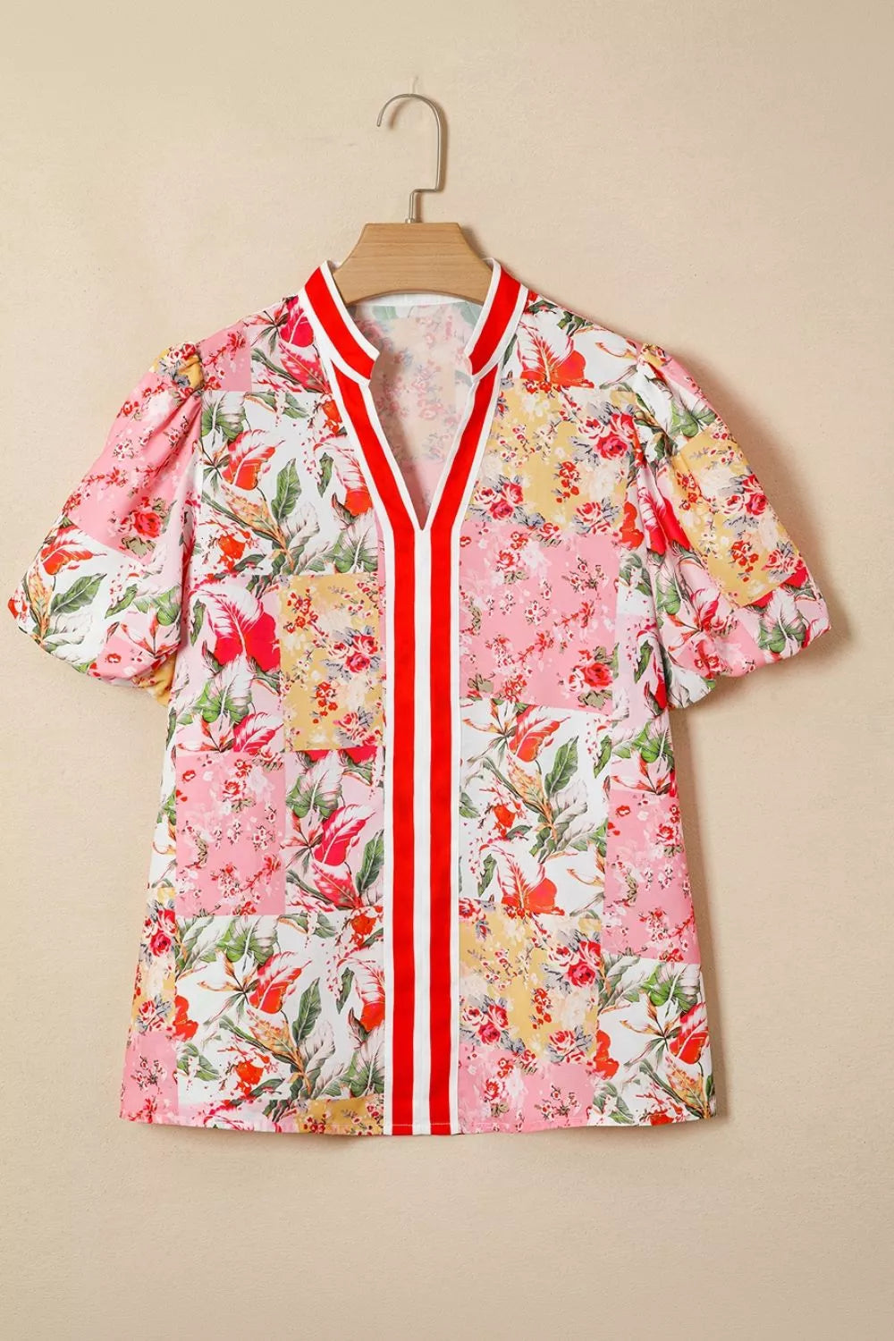 Contrast Collared V Neck Short Sleeve Floral Blouse