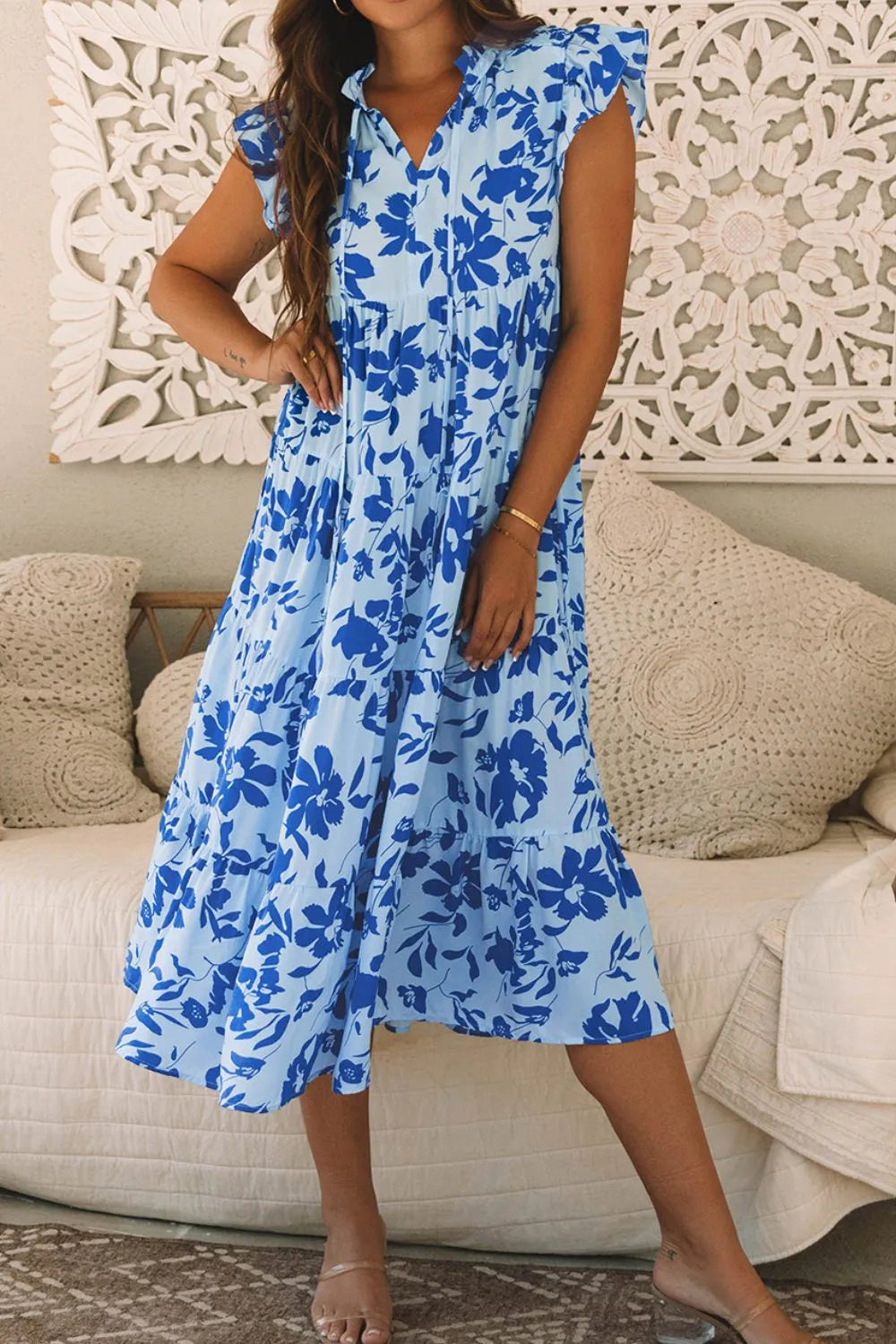 Floral Print Tiered Frilled Trim Flutter Sleeve Dress