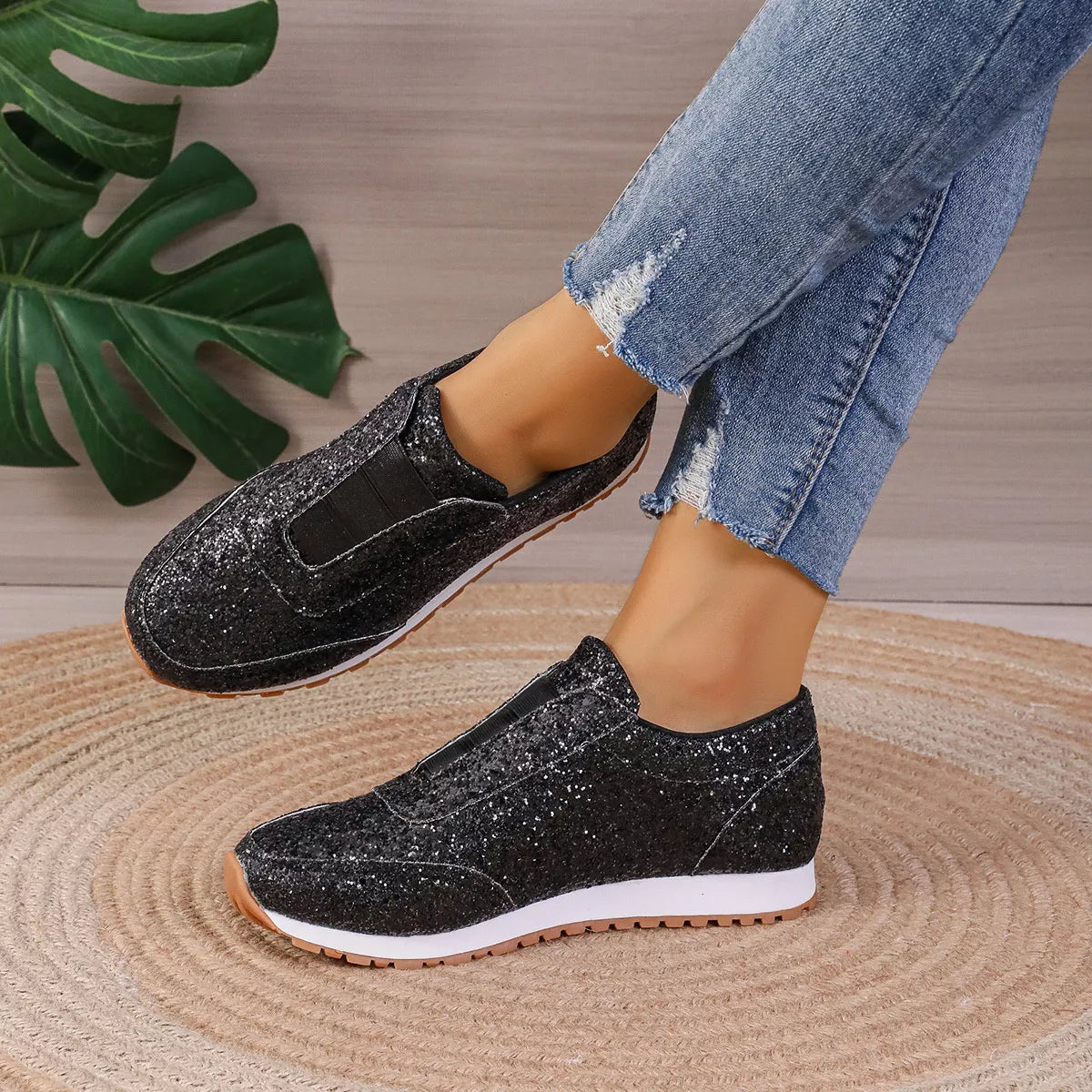 Round Toe Glitter Slip-Ons