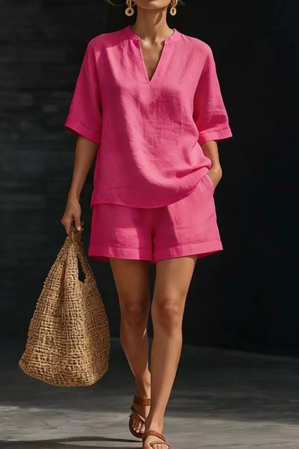 Notched Half Sleeve Top and Shorts Set