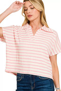 Zenana Striped Split Neck Collared Top