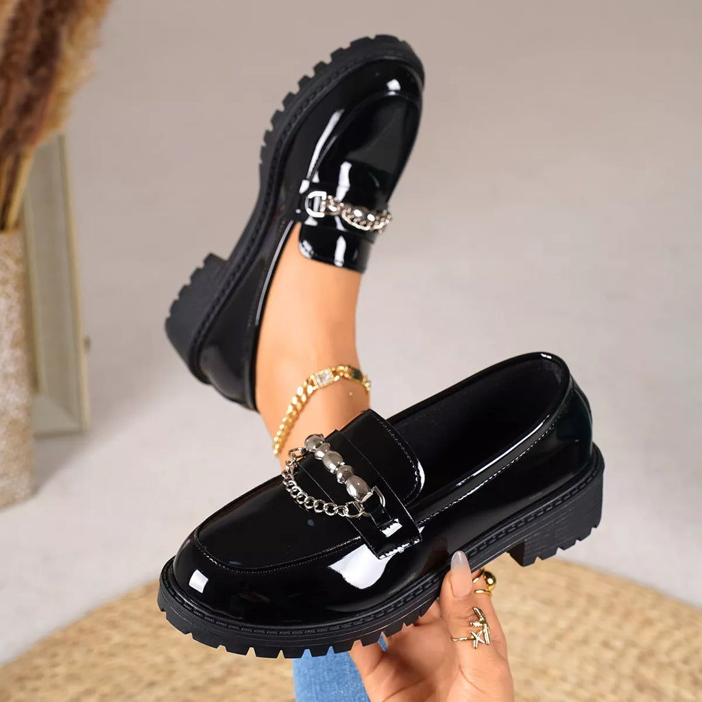 Chain Embellished Round Toe Loafers