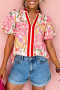 Contrast Collared V Neck Short Sleeve Floral Blouse