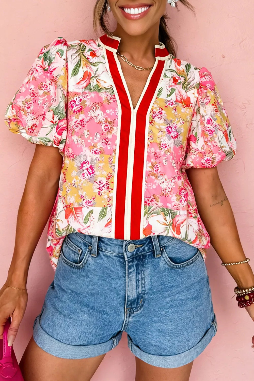Contrast Collared V Neck Short Sleeve Floral Blouse