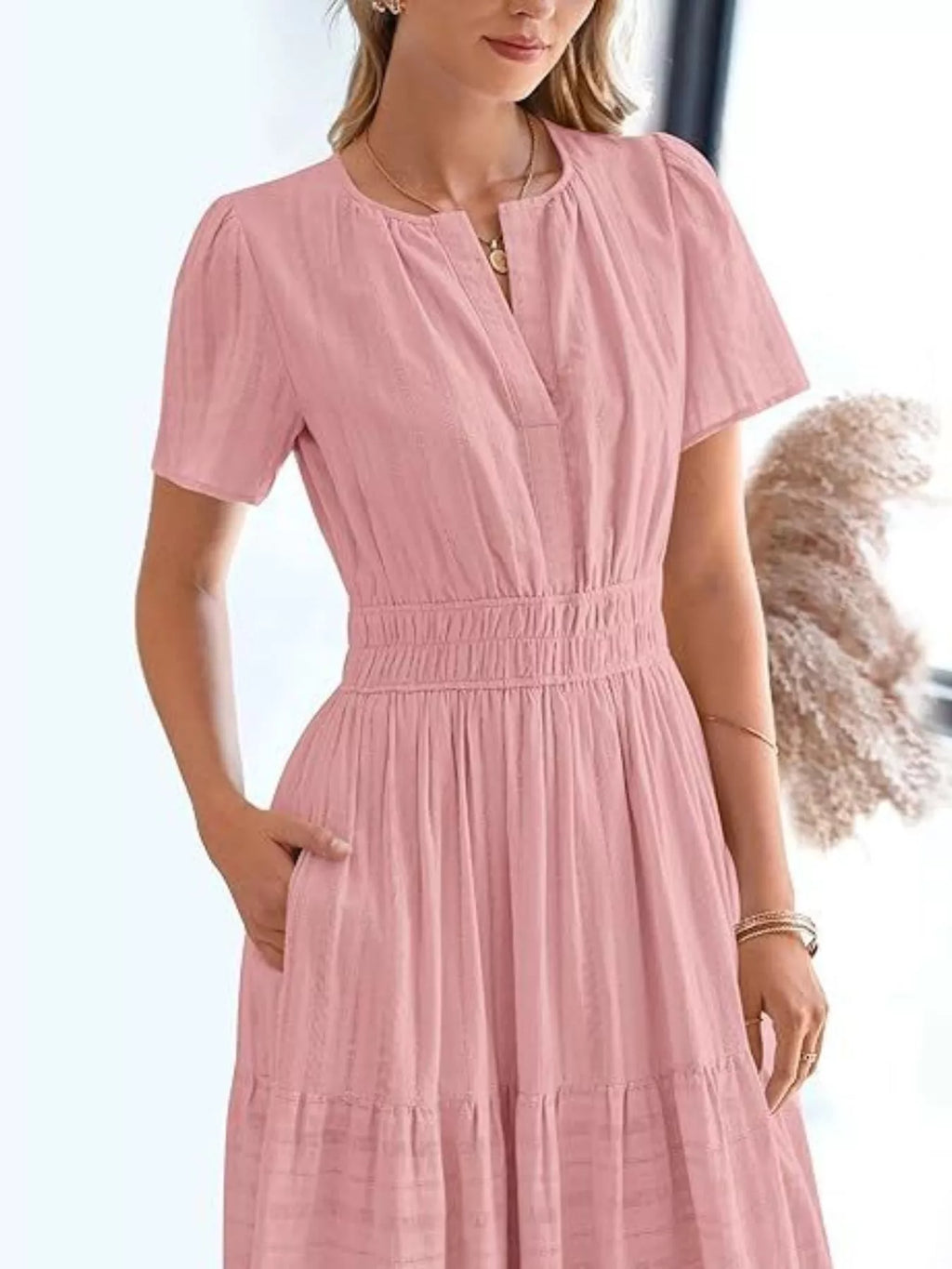 Full Size Short Sleeve Tiered Midi Dress Plus Size