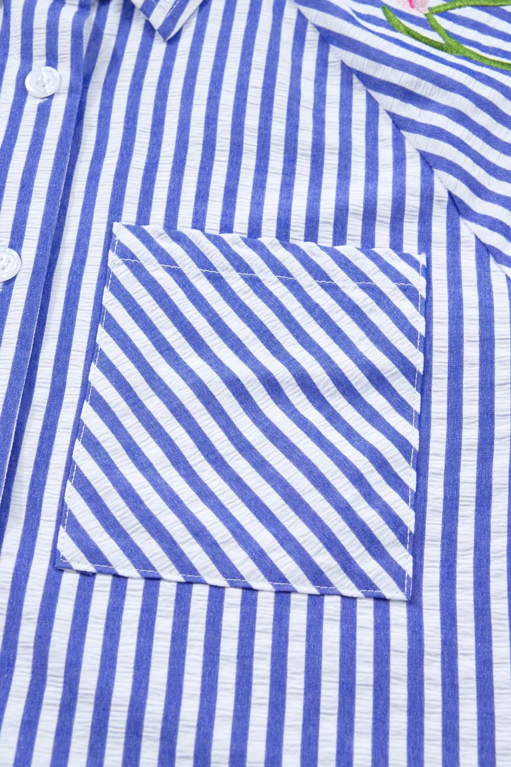 Striped Floral Embroidered Puff Sleeve Button Down Shirt