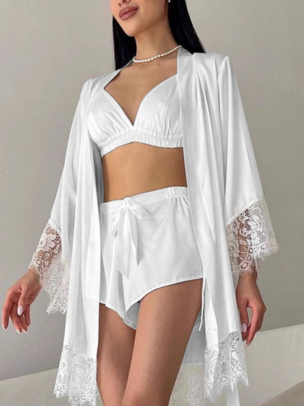 Cami & Lace Trim Cardigan & Shorts Lounge Set