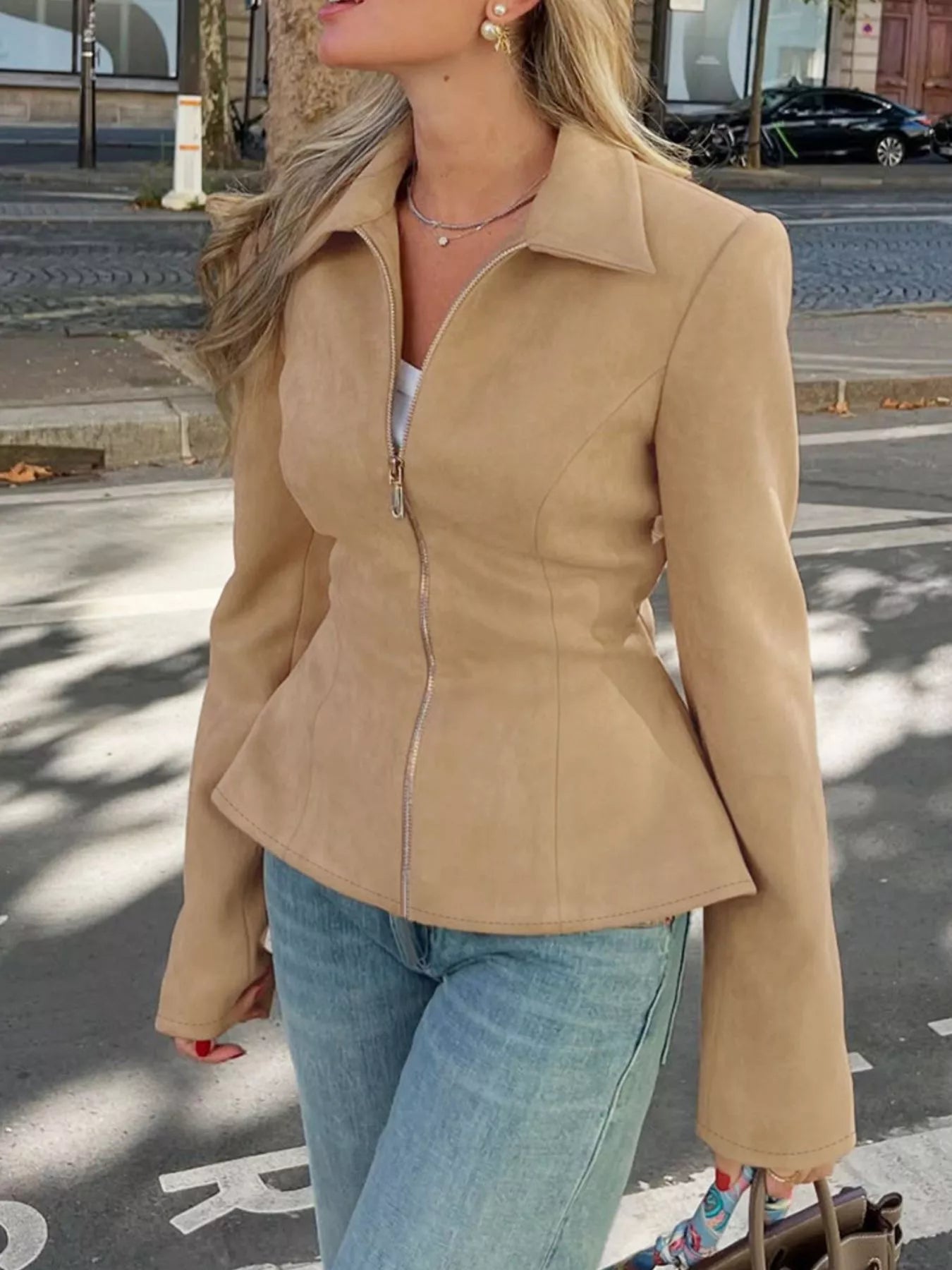 Suede Zip-Up Fitted Jacket