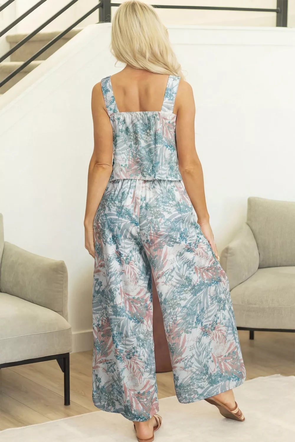 Floral Print Sleeveless Top and Wide Leg Pants Set