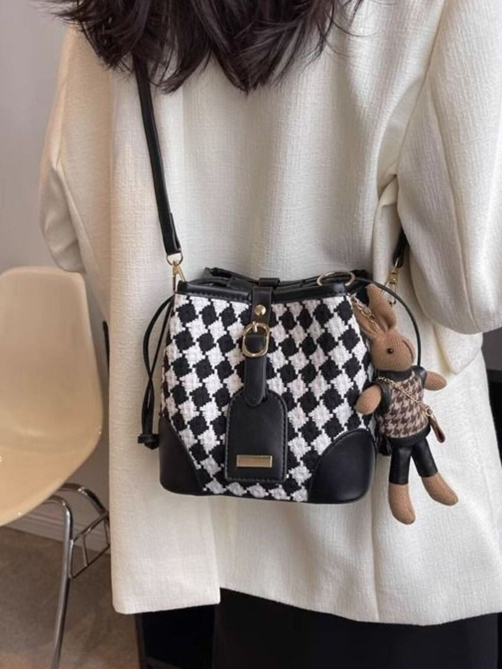 Checkerboard Pattern Bucket Crossbody Bag