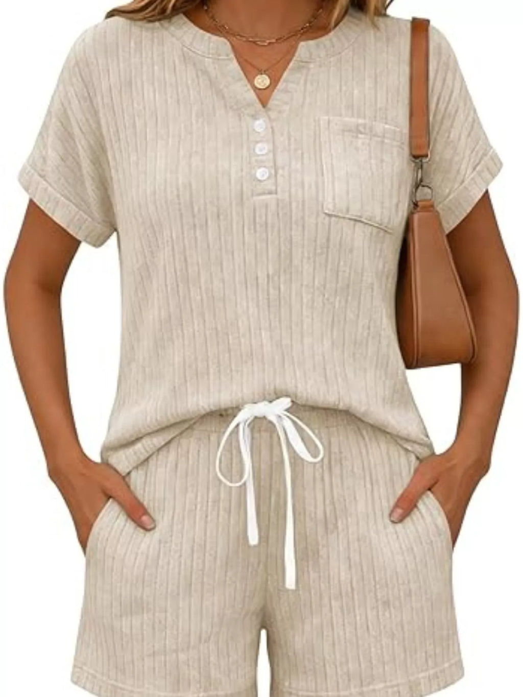 Casual Ribbed Knit Tee and Shorts Set