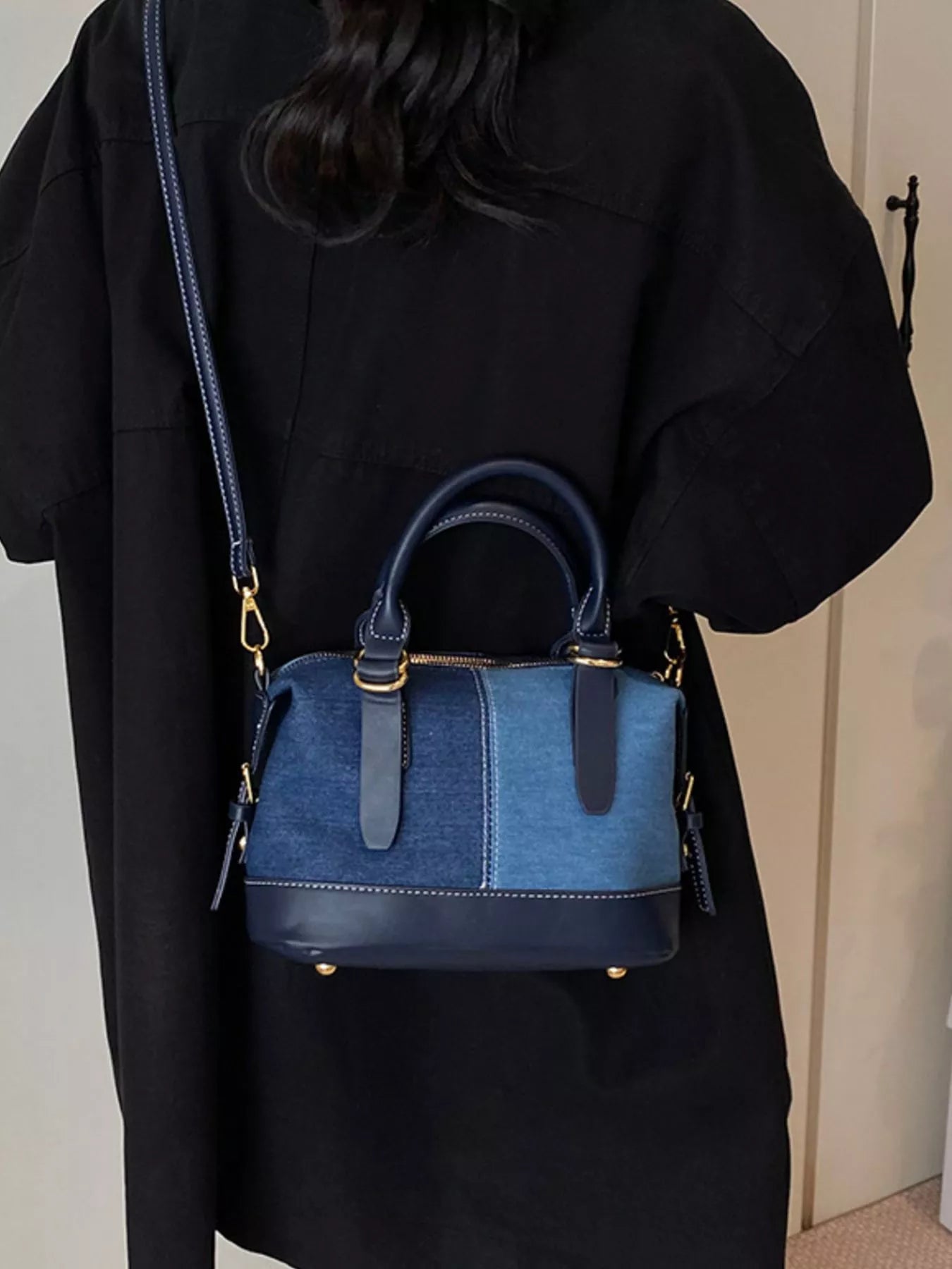 Two-Tone Denim Barrel Crossbody Bag