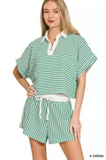 Zenana Striped Collared Top & Shorts Set