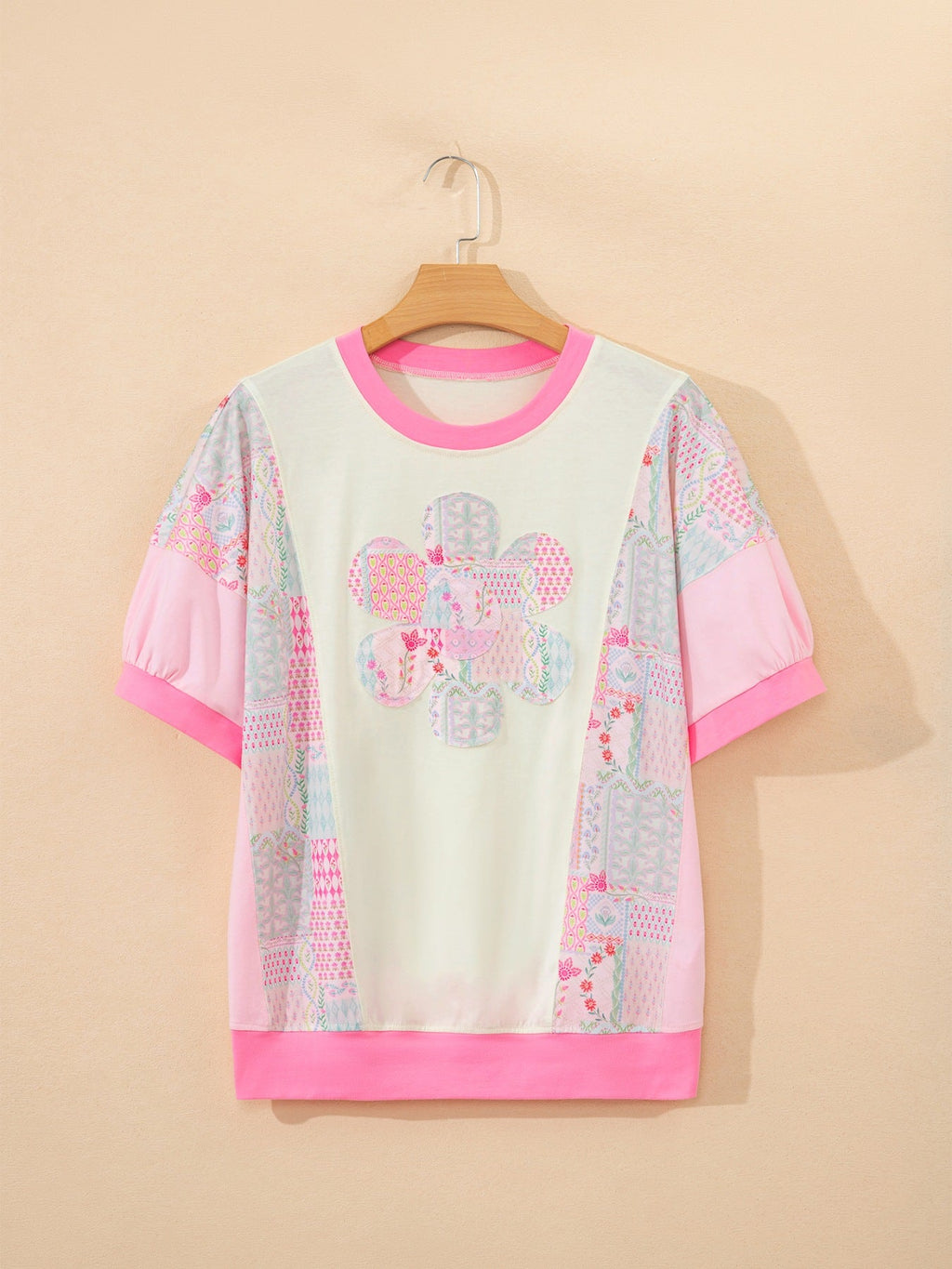 Color Block Floral Patchwork Big Flower Accent Relaxed Top