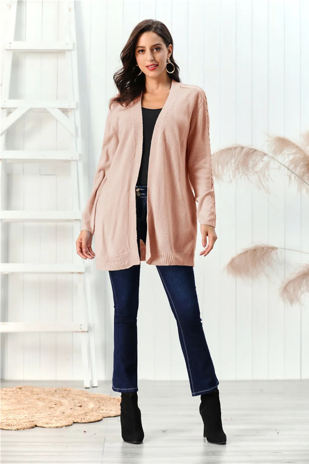 Cable-Knit Open Front Long Sleeve Cardigan