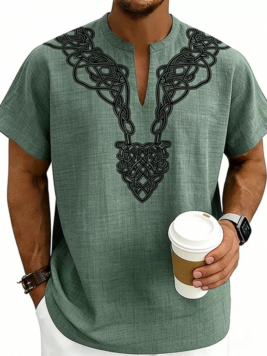 Men's Full Size Notched Printed Short Sleeve Blouse Plus Size